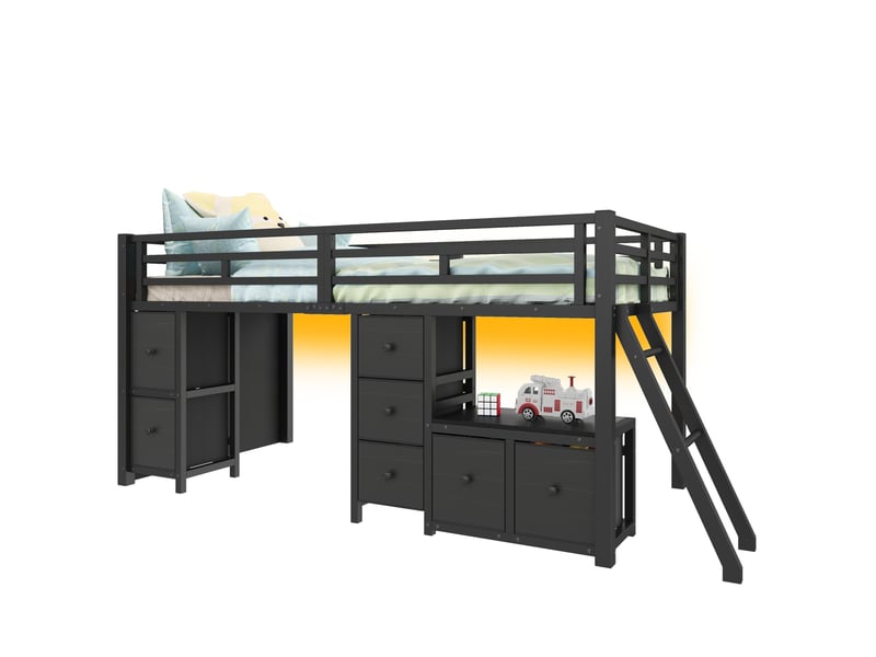  Lit mi-hauteur enfant 90 x 200 cm avec 7 tiroirs et éclairage led, noir  - Conforama A