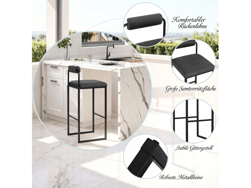  Tabouret de bar avec dossier et repose-pieds, assise en velours, style moderne pour cuisine, gris foncé  - Conforama E