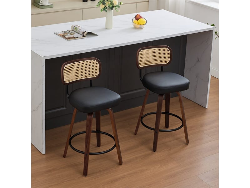 Lot de 2 tabourets de bar 42x56x90cm – aavec dossier en rotin et assise rembourrée – noyer et noir - Conforama D