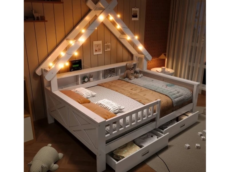  Lit enfant plateforme bois 140×200, forme maison, led, tiroirs, blanc  - Conforama D