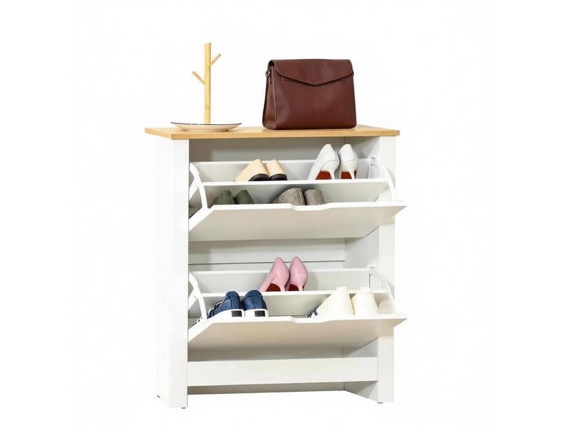  Meuble à chaussures avec 2 abattants, séparateurs réglables et plateau pour entrée, finition chêne et blanc, 72 × 26 × 80 cm  - Conforama A