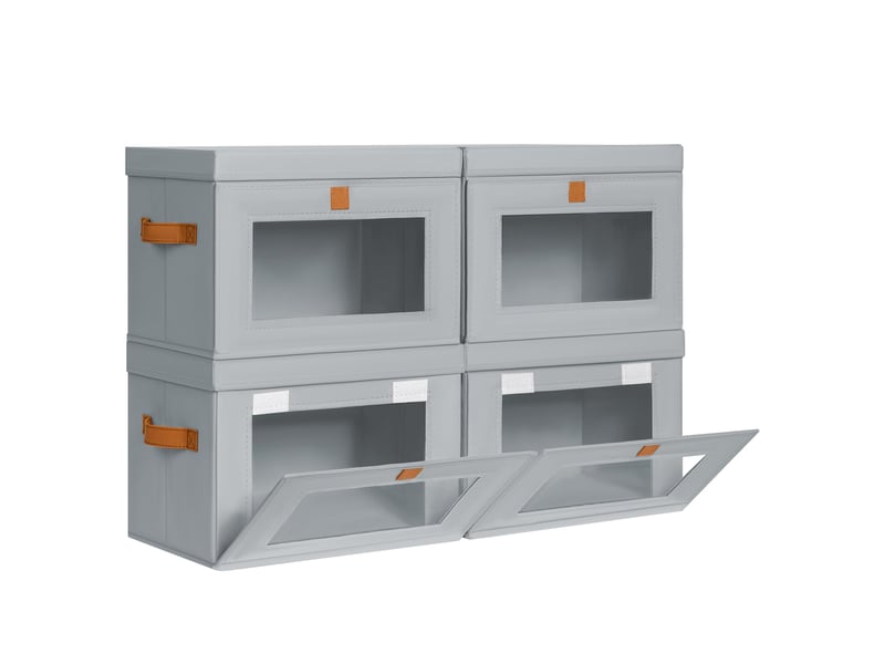  Lot de 4 bacs de rangement pliables en toile oxford gris avec fenêtre – organiseur pour vêtements et dressing  - Conforama A