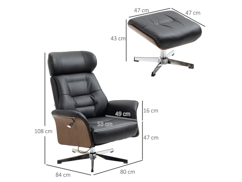  Fauteuil relax inclinable pivotant avec repose-pieds, simili cuir noir, charge maximale 150 kg  - Conforama C