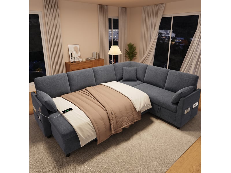  Canapé d'angle convertible tcqpz 6 places 255 x 196 x 85 cm rangement usb type-c gris  - Conforama E