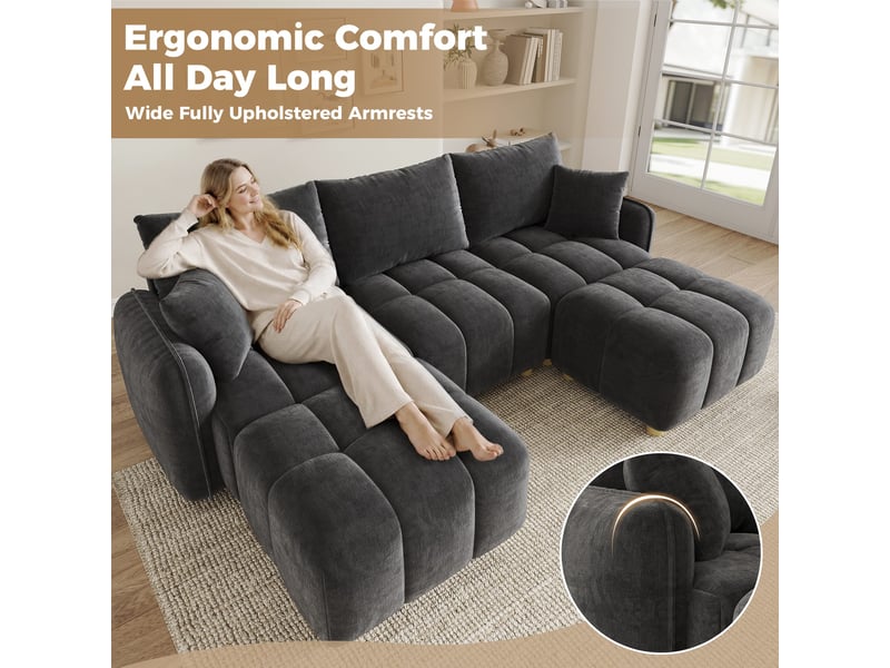  Canapé d'angle modulable 5 places en lu avec 2 poufs, canapé nuage en tissu chenille, larges accoudoirs, gris  - Conforama E