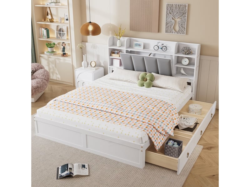  Lit 160x200 cm avec rangement, étagère, 3 tiroirs à roulettes, porte rabattable, cadre en pin, blanc et gris  - Conforama B