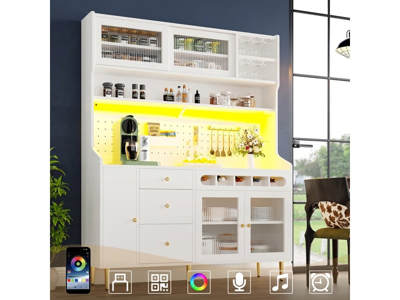  Armoire haute de salon et buffet de cuisine avec led, meuble de rangement blanc 145x39x171cm  - Conforama C