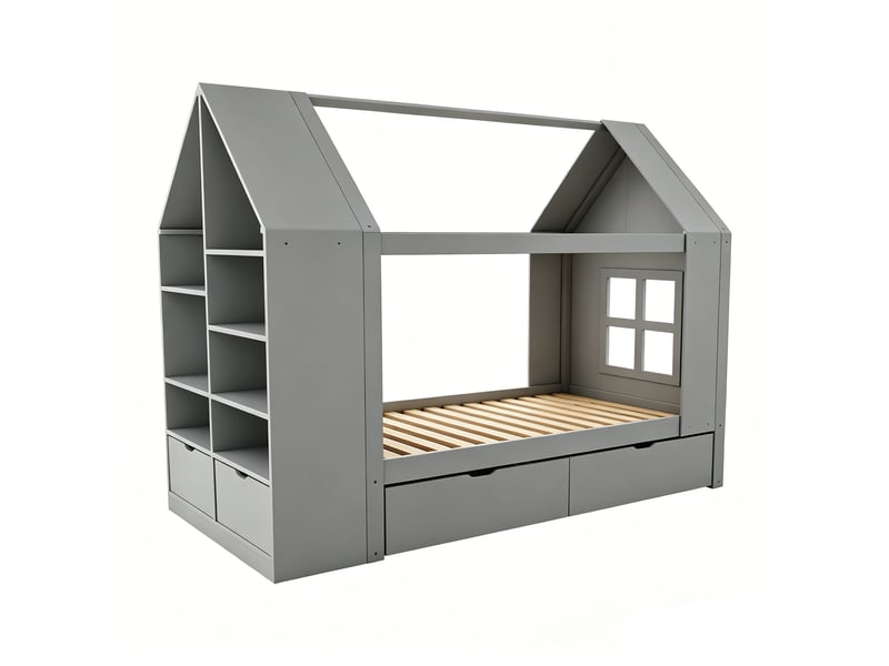 Lit cabane enfant 90x200 cm - 2 tiroirs et rangement - LED - lit multifonction en bois - Lit simple - Gris - Conforama R