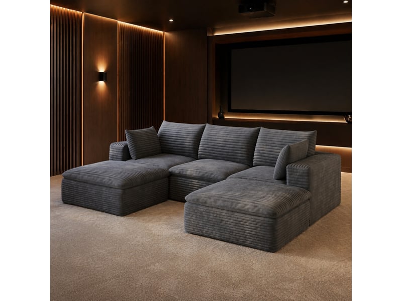  Canapé modulable 3 places avec 2 pouf en velours côtelé gris foncé, coussins déhoussables, sans montage, confort moelleux  - Conforama B