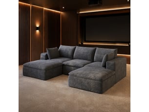 Canapé modulable 3 places avec 2 pouf en velours côtelé gris foncé, coussins déhoussables, sans montage, confort moelleux