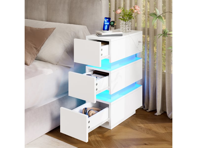 Table de chevet étroite avec prise électrique et éclairage led – 3 tiroirs, lot de 2, 20 x 40 x 59.5 cm, blanc  - Conforama C