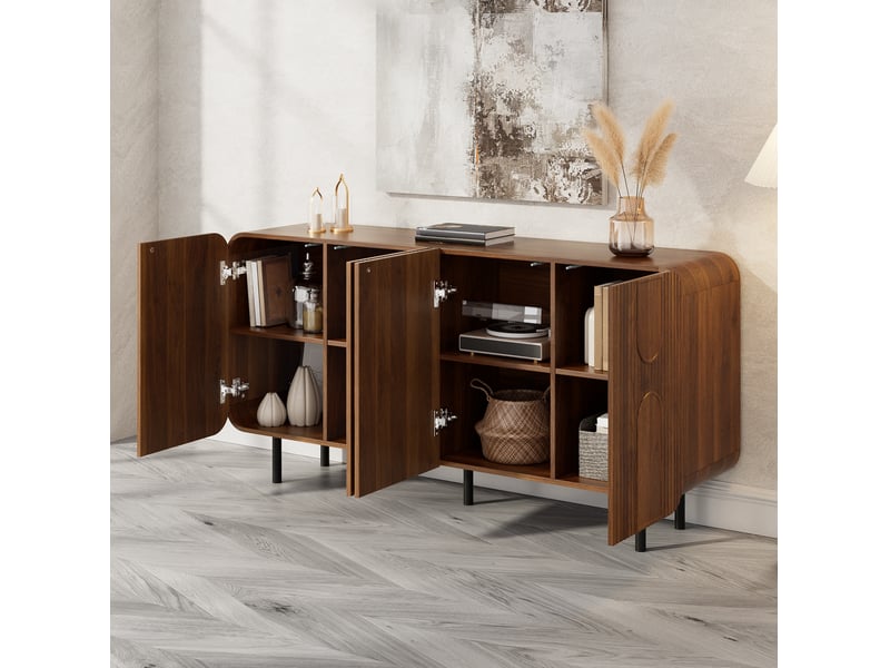  Buffet 160x40x79 cm, avec 4 portes, meuble de cuisine, rangements réglables, pieds métal, salon, mdf noyer, élégant  - Conforama E