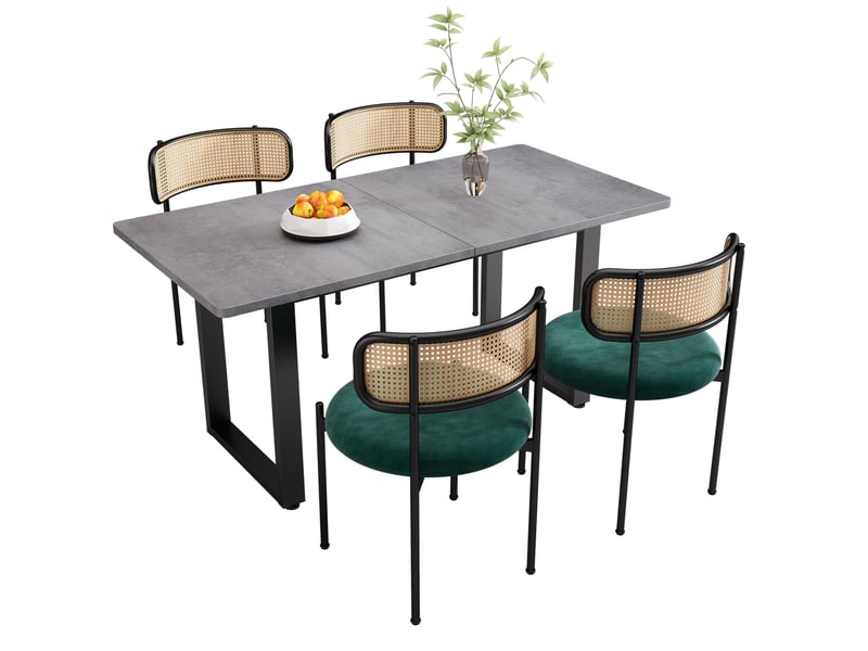  Lot de 5 pièces, table et chaises de salle à manger 140 x 70 cm, velours vert et paille, style industriel  - Conforama A