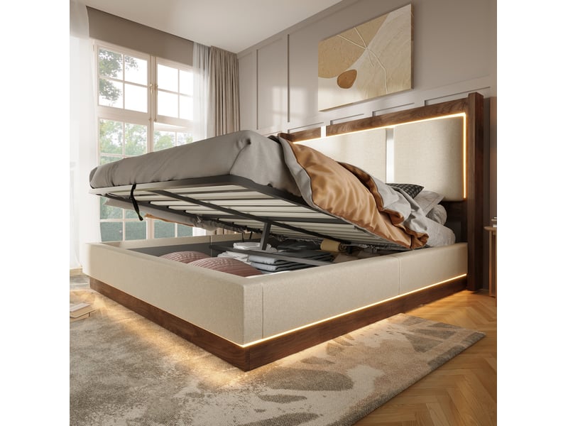  Lit coffre 140x190 cm avec sommier et led, beige et noyer  - Conforama E