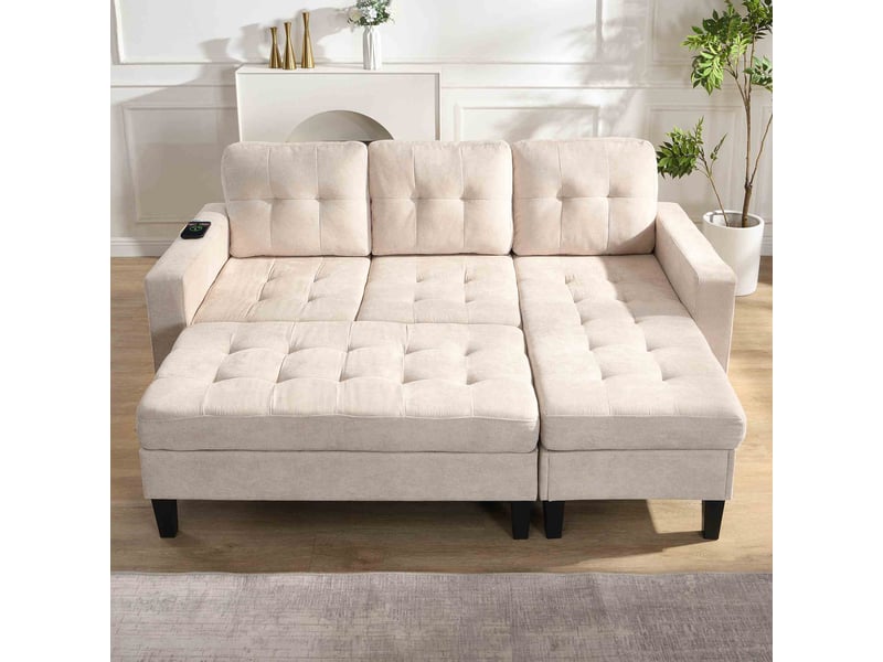  Canapé d’angle modulable 3 places 185x135x85 cm avec méridienne, pouf coffre mobile, éclairage led, canapé convertible port usb et rangement - beige  - Conforama D