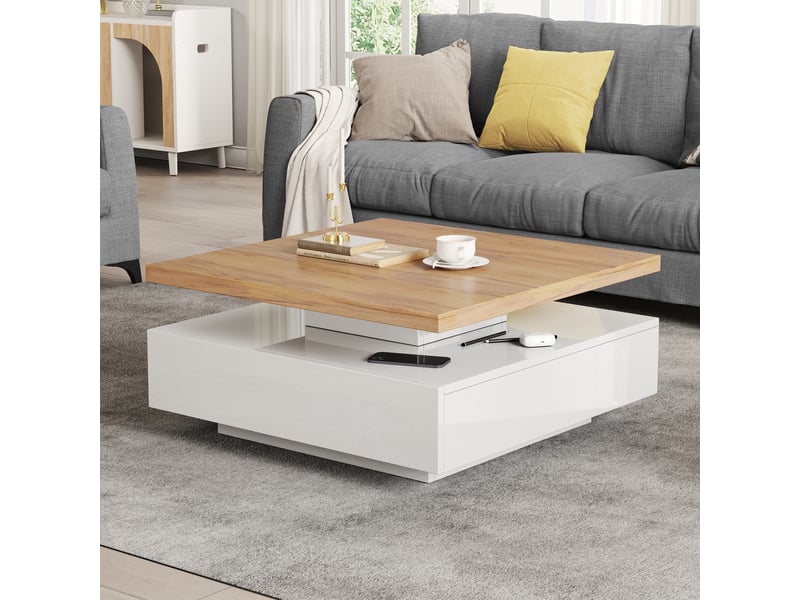  Table basse carrée - 70x70x36cm - pivotante à 360°, plateau effet bois &amp; base laquée brillante, grand tiroir - blanc  - Conforama D