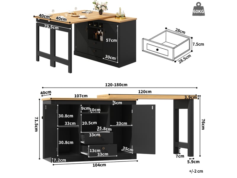  Table bar extensible 120 à 180 cm avec rangement pivotant 360°, noir et naturel  - Conforama C