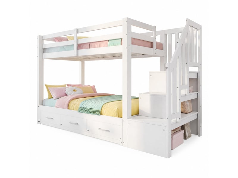  Lit superposé avec couchage inférieur extensible 90180x190 cm et rangements, blanc  - Conforama A