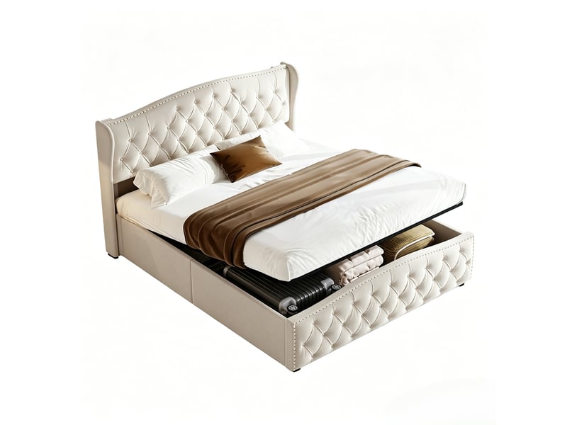  Yyxldynb lit coffre 140x200 cm avec rangememt, lit double rembourré avec sommier à lattes, cadre de lit 2 places avec tête de lit capitonnée, lit adulte, velours beige  - Conforama A