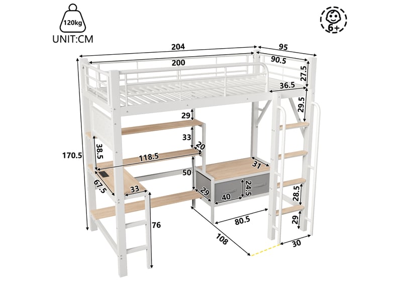 Lit mezzanine enfant 90 x 200 cm blanc avec bureau, rangement, led et usb, structure métal et mdf, sans matelas - Conforama C