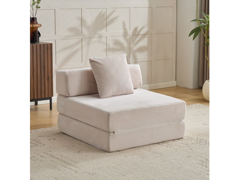 Canapé convertible au sol 1 place pliable avec accoudoirs et coussin pour couchage d'appoint en velours côtelé blanc  - Conforama B