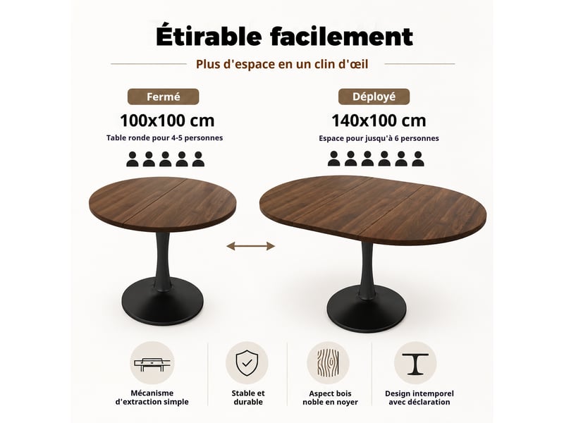  Table à manger extensible ovale 100-140 x 100 x 75 cm, noyer, style moderne Jamama eleni - Conforama D