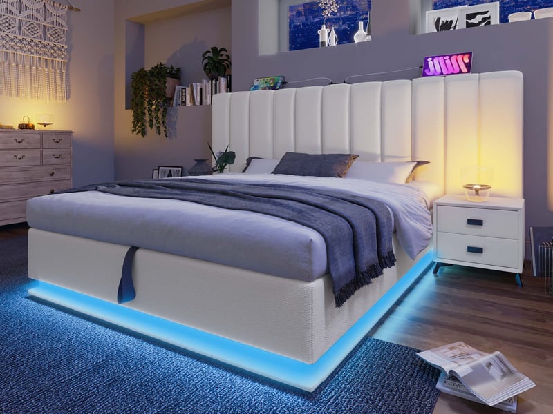  Lit double, 160×200 cm, avec coffre de rangement, éclairage led et port de charge, revêtement pu, blanc  - Conforama B