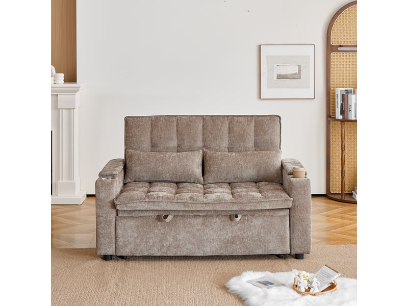  Canapé convertible 142x89x89 cm, canapé-lit 3 en 1, rangements, 2 porte-gobelets, 2 coussins, chenille, marron CozyNest - Conforama D