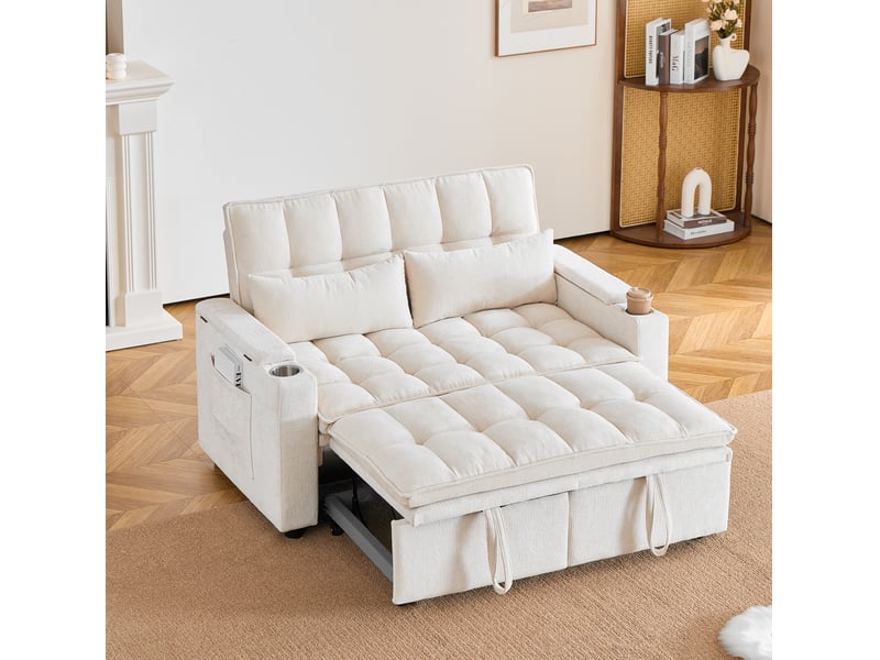  Canapé convertible 2 places 3-en-1 avec lit, rangements, poches, porte-gobelets et coussins lombaires en chenille beige  - Conforama C
