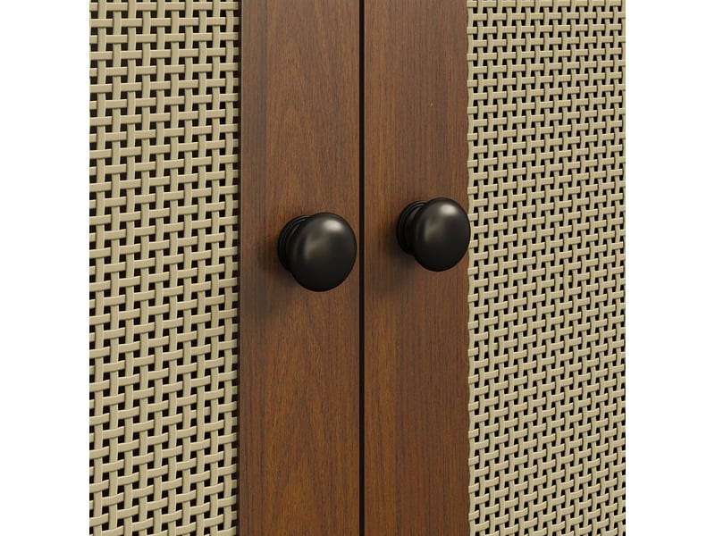  Armoire 2 portes battantes effet cannage, 1 tiroir et penderie, design arqué, 80 × 50 × 179 cm, noyer et bois naturel  - Conforama E
