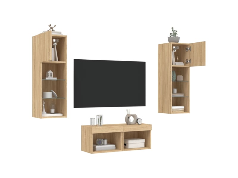  Meuble tv - banc tv - meuble de rangement muraux 4 pcs avec lumières led chêne sonoma  - Conforama E