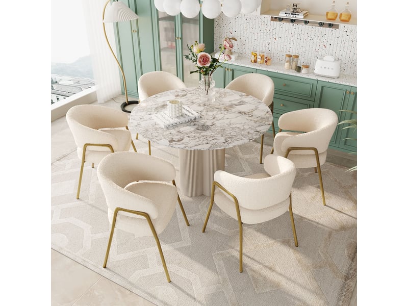  Lot de 6 chaises de salle à manger,49x48x78 cm,avec pieds dorés,tissu,blanc  - Conforama B