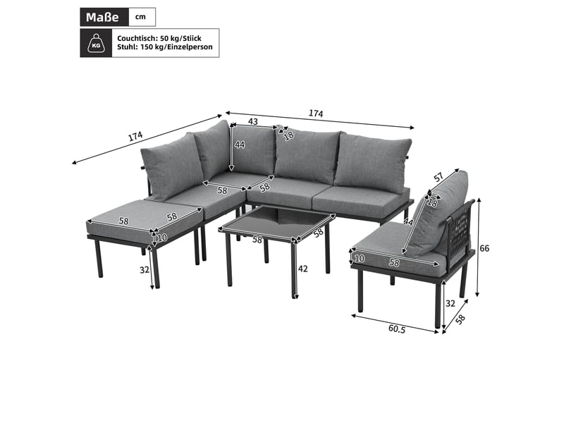 Salon de jardin 6 places en corde grise, table basse verre, acier galvanisé - Conforama C