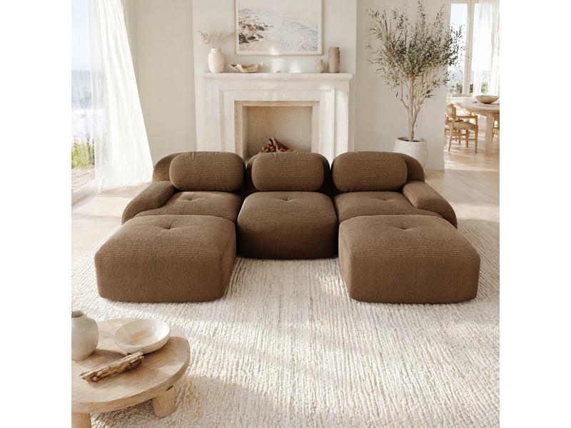 Canapé panoramique en u modulable sans montage avec assise 32d et accoudoirs larges en tissu côtelé, marron - Conforama B