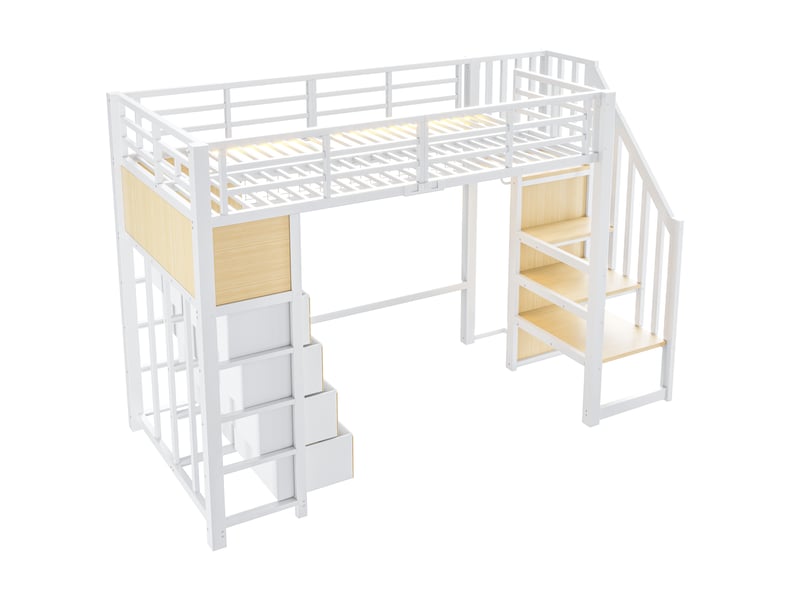 Lit mezzanine 90x200 cm blanc, avec 8 tiroirs, escalier de rangement, penderie, led 7 couleurs, structure métal, sommier inclus, sans matelas - Conforama D