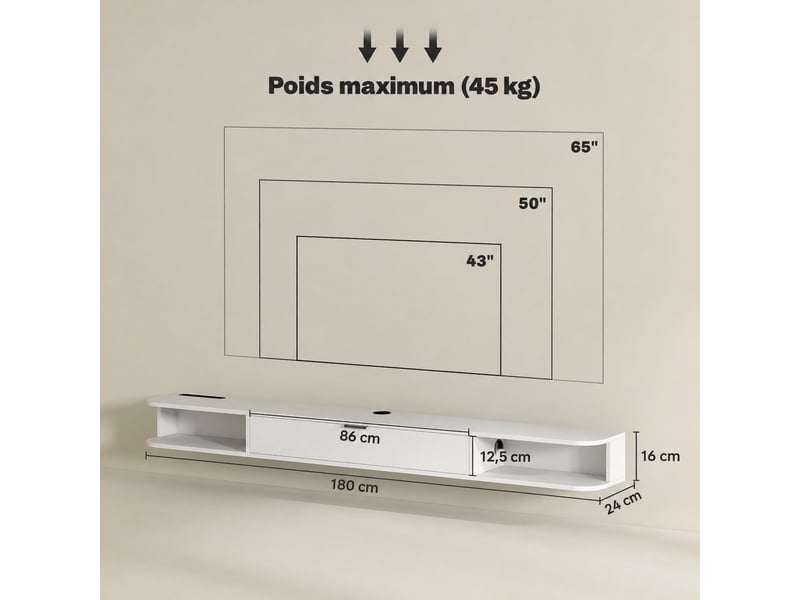  Meuble tv suspendu blanc pour téléviseur jusqu'à 75 pouces, abattant et 2 étagères, 180 x 24 x 16 cm  - Conforama C