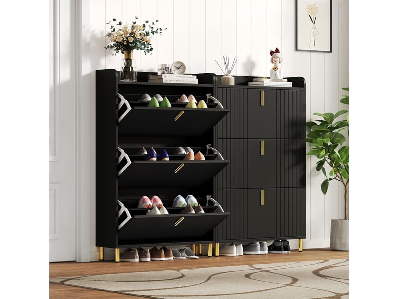  Lot de 2 meubles à chaussures avec 3 abattants, étagères réglables, pour entrée en mdf noir 80 × 23 × 123,5 cm  - Conforama C