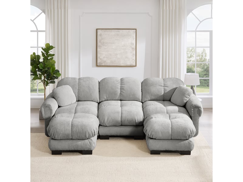 Canapé modulable 3 places 260 cm canapé droit en tissu chenille avec 2 pouf mobile, design matelassé, coussins épais, dossier ergonomique, gris clair Seren Glow - Conforama B