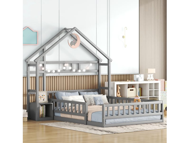  Lit enfant cabane 140x200 cm avec barrières et chevet de rangement gris  - Conforama E