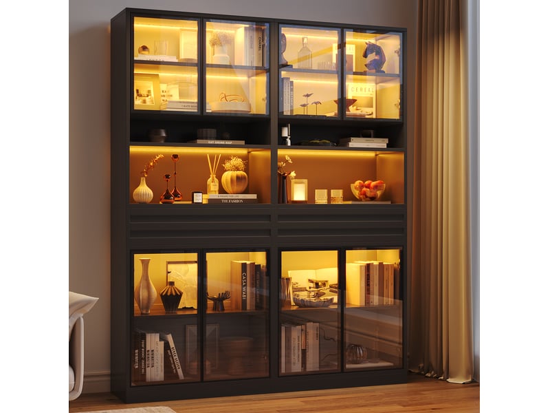  Vitrine 4 portes en verre, 1 tiroir et éclairage led rgb par application pour salon, en mdf noir, 80 × 35 × 200 cm  - Conforama C