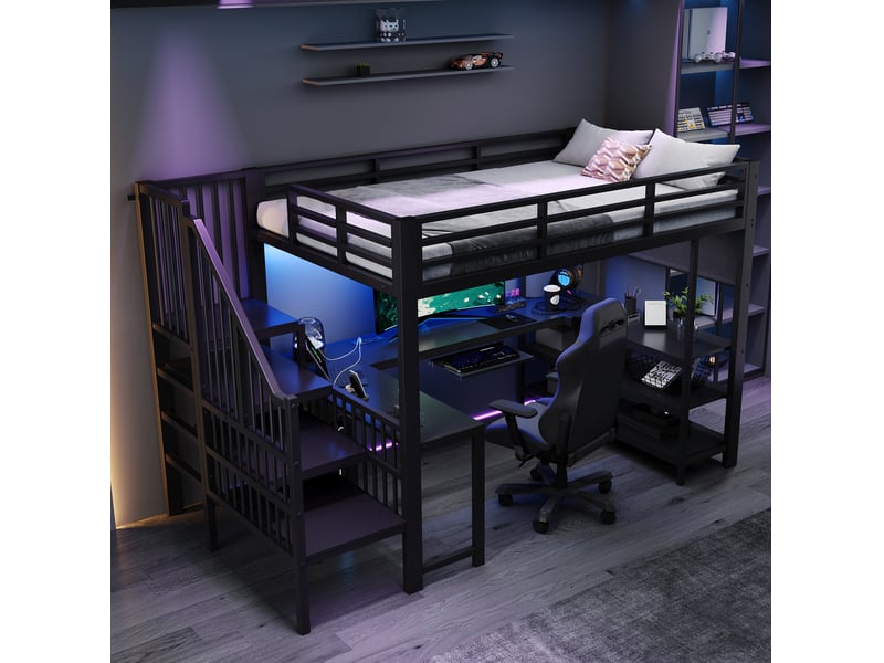  Lit mezzanine 120x200 cm en métal noir avec bureau en u, escalier et led  - Conforama E