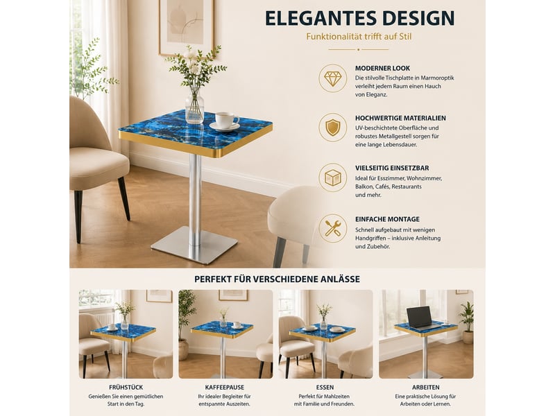  Table à manger carrée,60x60x74 cm,avec piètement métal,mdf,bleu effet marbre  - Conforama D