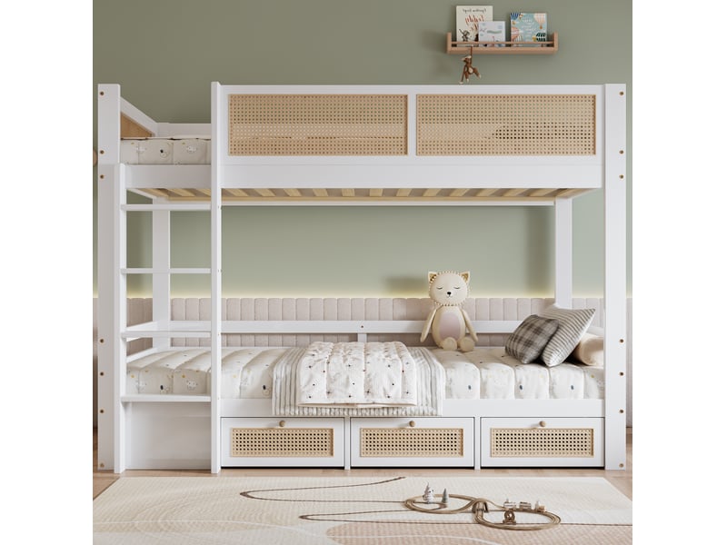 Lit superposé enfant 90 x 200 cm avec 3 tiroirs à roulettes, blanc et naturel - Conforama B