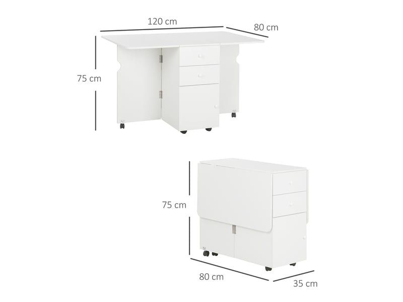  Table salle à manger pliante, rallonges rabattables, roulettes, 2 tiroirs, cuisine moderne, 120x80x75 cm, blanche.  - Conforama E