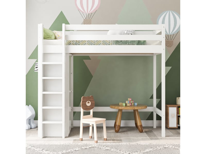  Lit mezzanine enfant 90x200 cm avec armoire, 6 étagères et échelle, blanc  - Conforama D