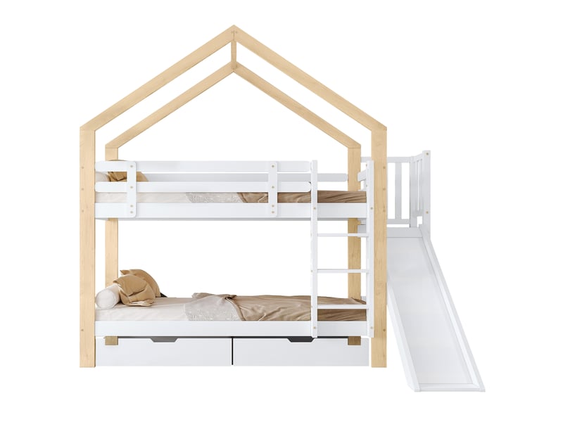  Elvmi lit superposé cabane enfant 90x200 cm avec toboggan, échelle d’angle à 3 marches, barrières de sécurité sur le couchage supérieur, 2 tiroirs de rangement, structure en bois massif et mdf, coloris blanc et naturel  - Conforama D