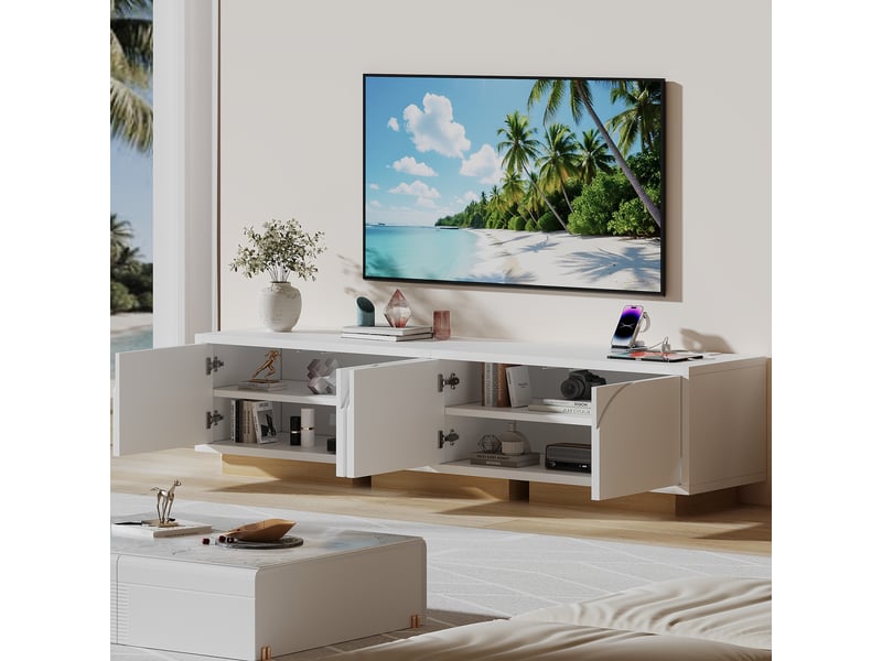  Meuble tv blanc 175 cm style nordique avec 4 portes, multiprise usb-c intégrée, étagères réglables, pour tv jusqu’à 80 pouces  - Conforama W