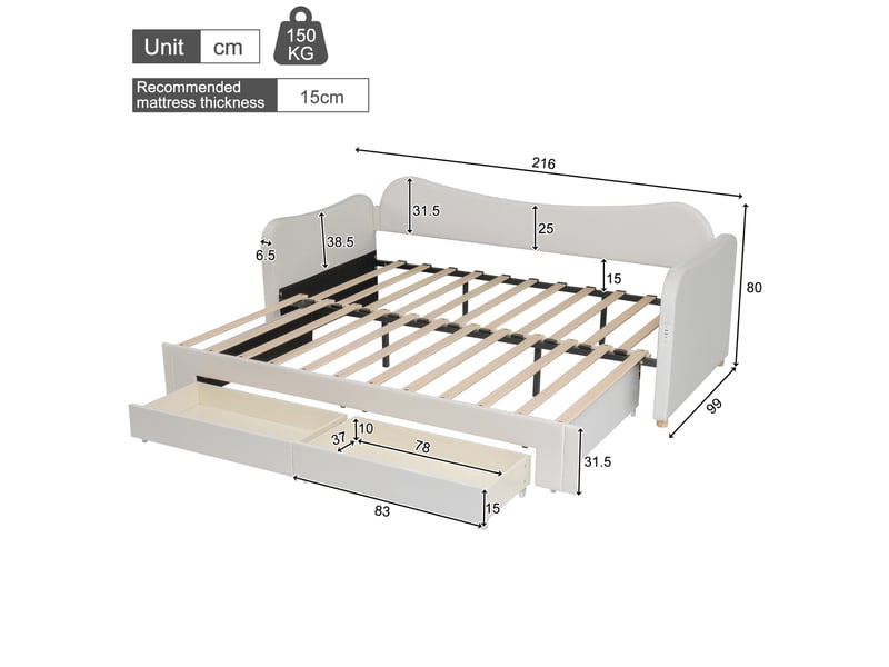  Lit banquette extensible 90 x 200 à 180 x 200 cm en velours beige avec 2 tiroirs, ports usb type-c, canapé-lit de jour rangement salon  - Conforama E