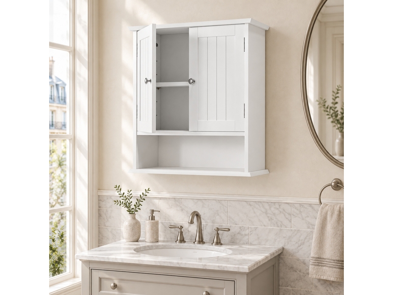  Armoire murale de salle de bains blanche en mdf avec 2 portes et étagères réglables  - Conforama D