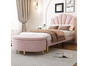 Banc de lit moderne 90x40x42 cm avec coffre de rangement, repose-pieds à pieds en métal, velours rose